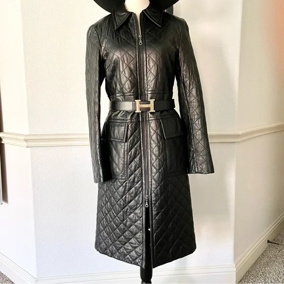 Vintage Express Quilted Leather Trench Coat Long Jacket Black Y2K